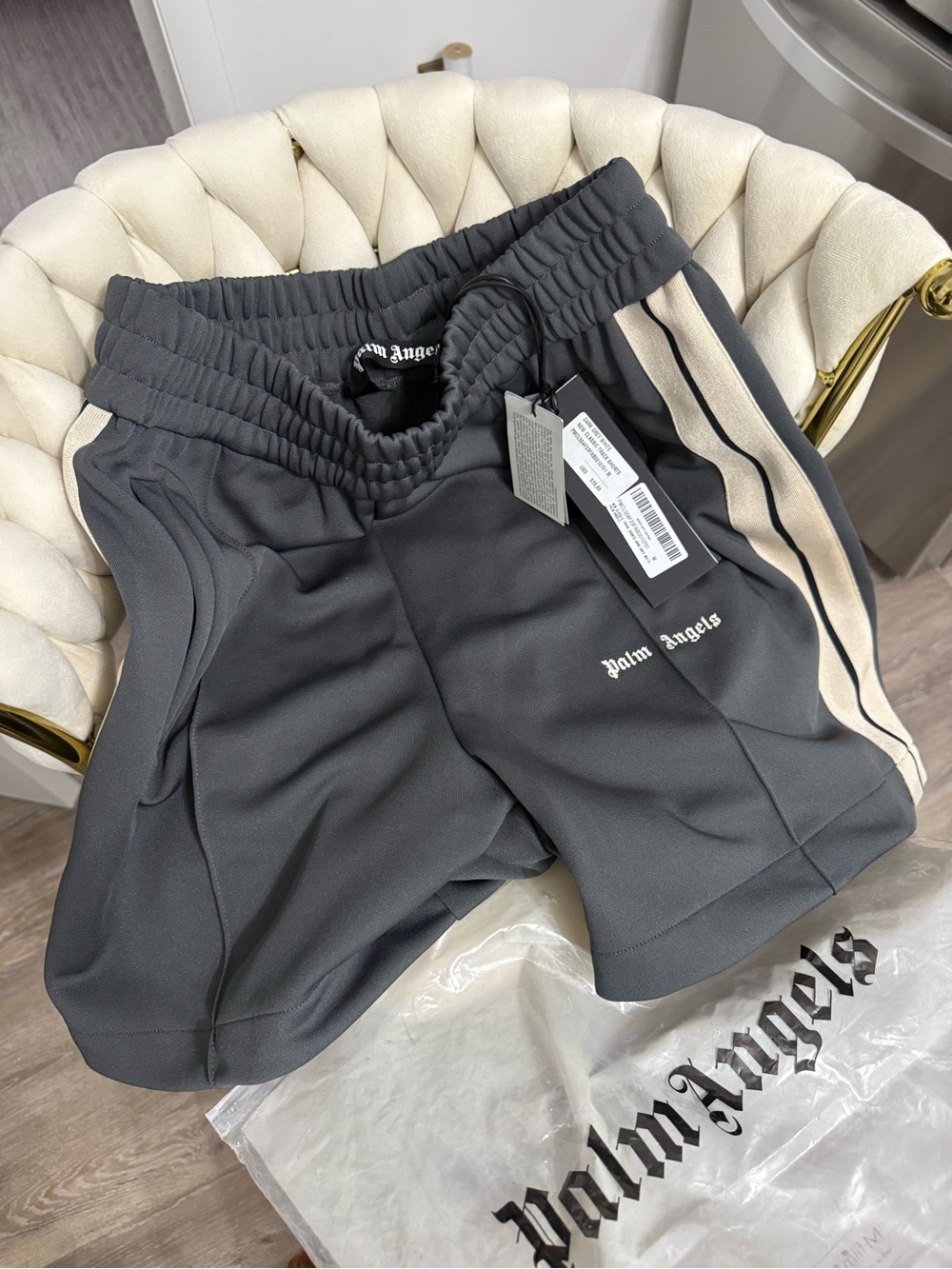Palm Angels Charcoal Track Shorts with Cream Side Stripe